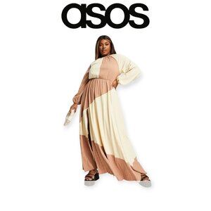 ASOS Curve Colorblock Maxi Dress Mocha Tan Long Sleeve Wedding Guest Size 12 NWT